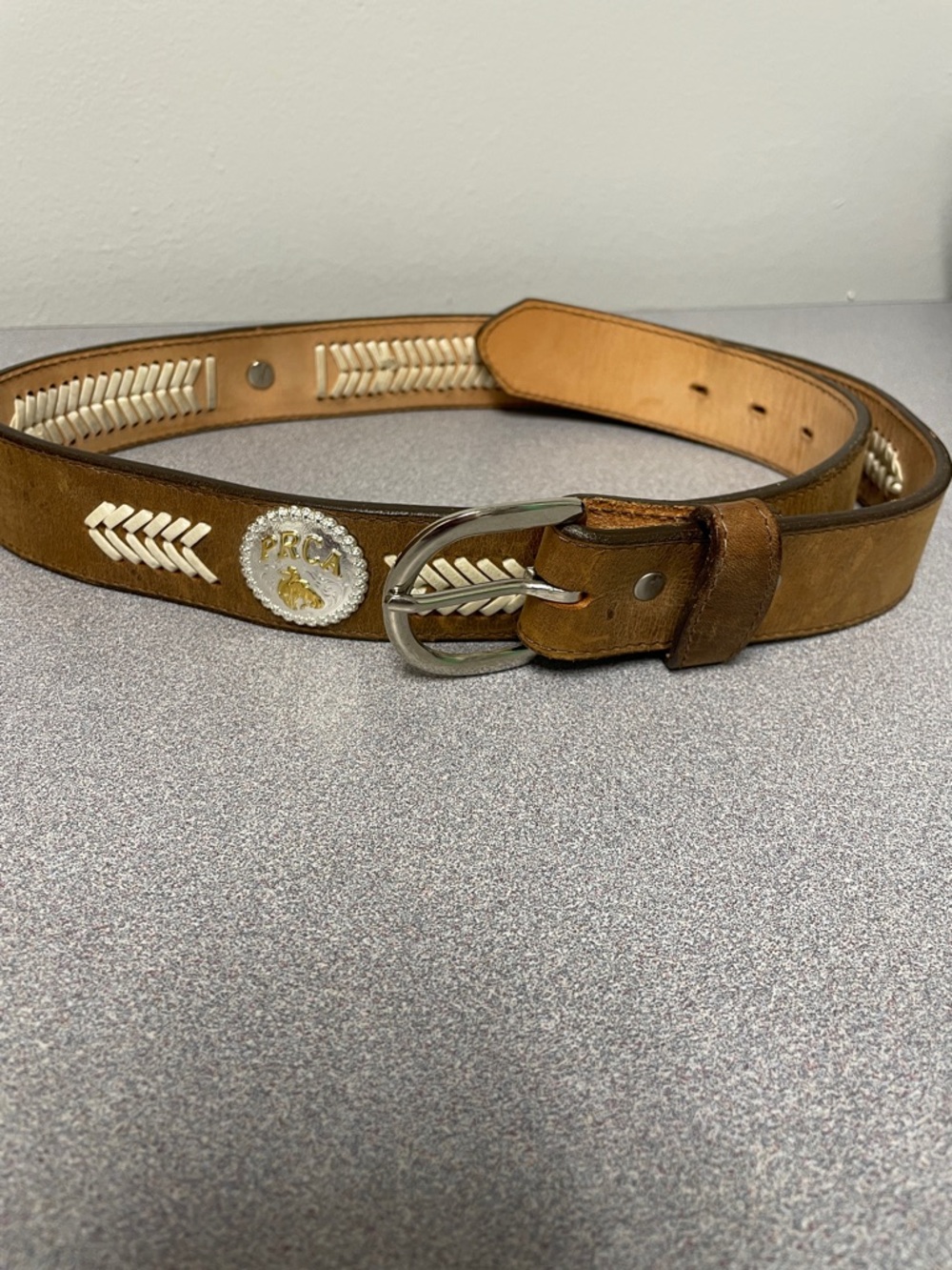 Brown Leather Western Belt with White Stitch Accents